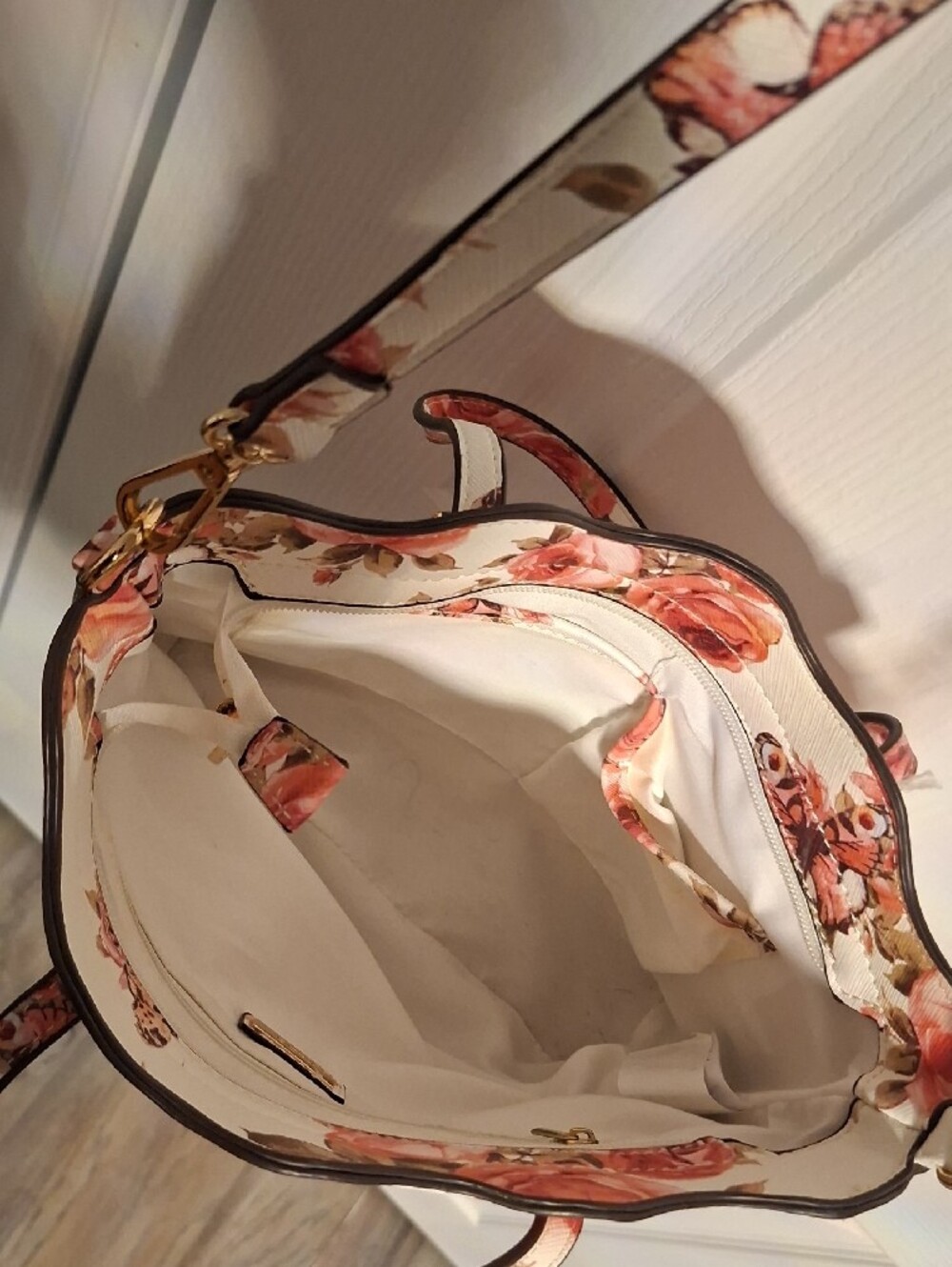Aldo Floral Rose Print Satchel - White and Peach - Picture 7 of 8